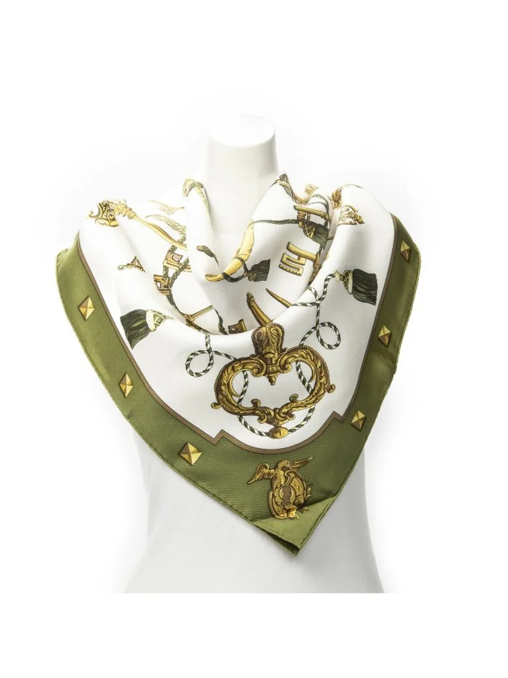 Hermes Scarf Green Gold White Silk